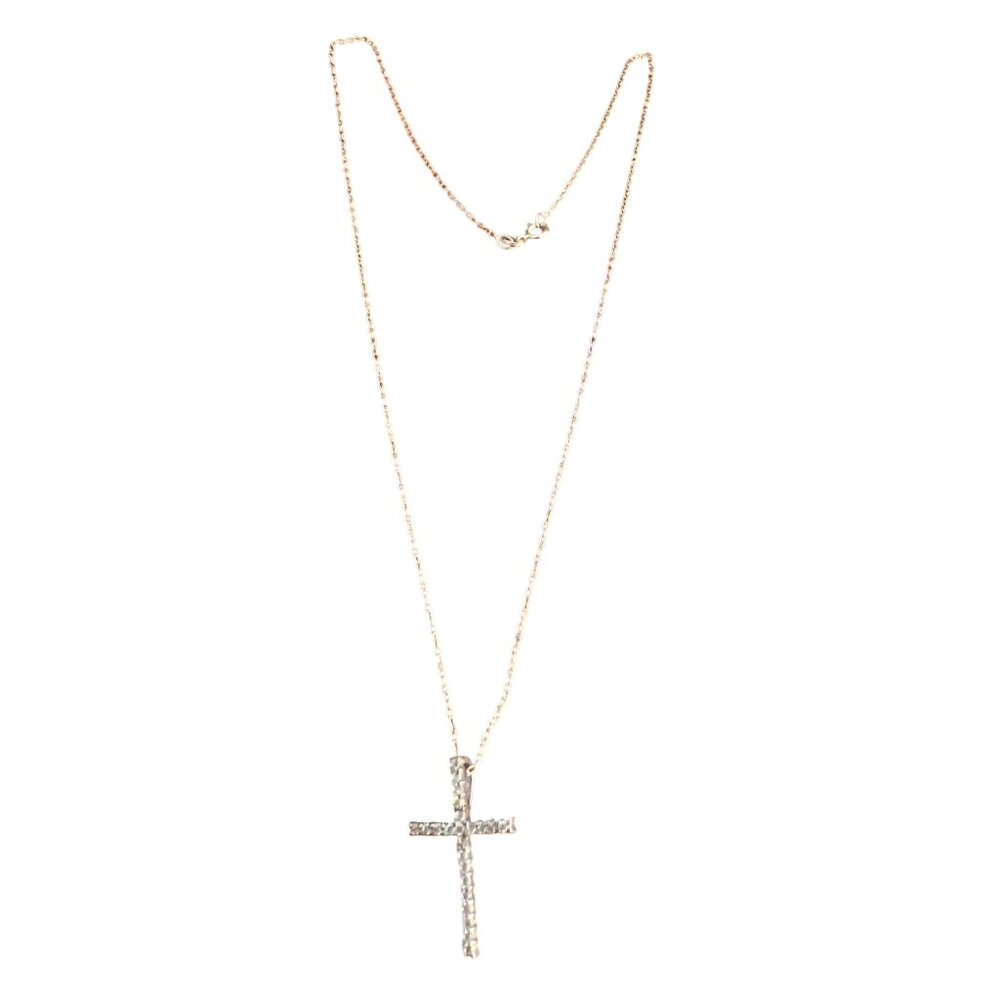 Vintage Sterling Silver Necklace Cross Pendant CZ Stones Spring Ring Estate 18"